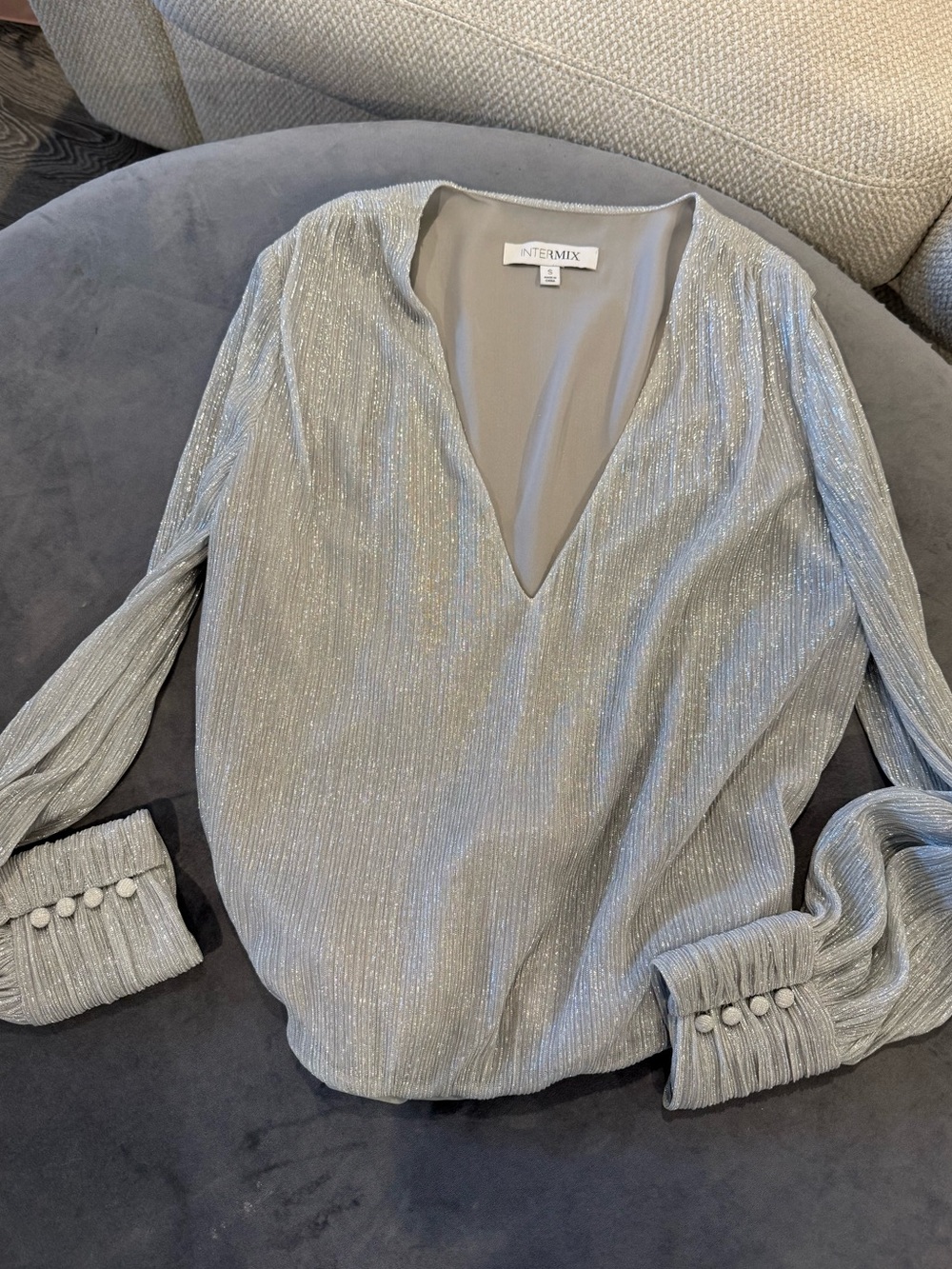 INTERMIX Silver Metallic V-Neck Long Sleeve Blouse- Bodysuit